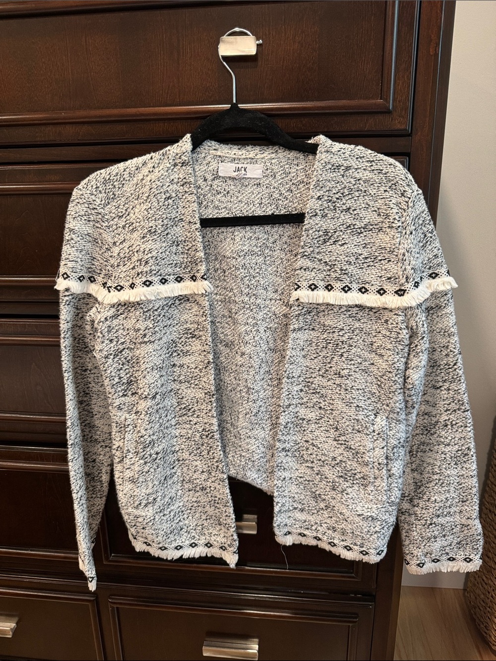 Jack by BB Dakota Black & White Marled Open-Front Fringe Cardigan